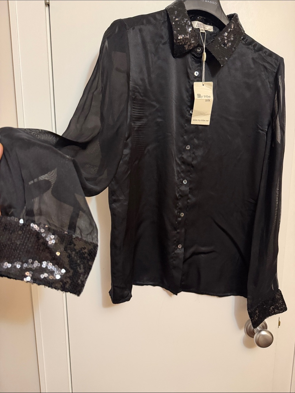 My tribe silk Black Sheer Button-Up Blouse Sequin Collar Cuffs size M